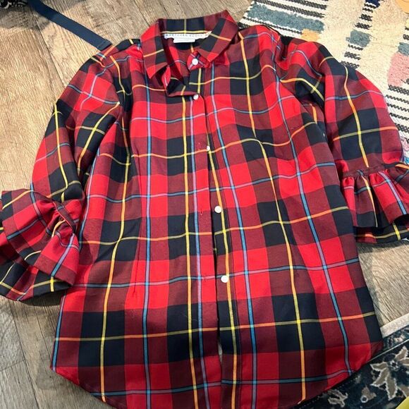 Gretchen Scott Priss Blouse Duke of York Plaid Blouse Large Red Blue S - Picture 2 of 9